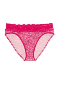 Rosa Boyshorts mit Spitzenbesatz und einem gepunkteten Muster auf durchscheinendem Hintergrund. Sie verfügen über eine weiche Textur und einen elastischen Taillenbund für optimalen Komfort.