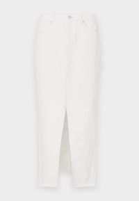 Hvit denimskjørt med en frontspalte, som har knapp- og glidelås-lukking, fem lommer og en rå kant nederst.