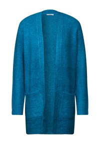 Tyrkysový cardigan vyrobený z texturované látky, s otevřeným předním dílem, dvěma předními kapsami a žebrovanými manžetami. Dlouhé rukávy, volný střih.