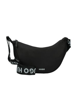 Black, soft-textured sling bag with a curved shape. Features a zip closure and a branded strap with "HUGO" in contrasting white.