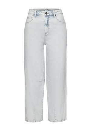 Hellblaue, hoch taillierte Jeans mit geradem Bein, vorn mit Knöpfen, Gürtelschlaufen und klassischem Fünf-Taschen-Design.