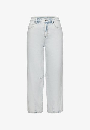 Hellblaue, hoch taillierte Jeans mit geradem Bein, vorn mit Knöpfen, Gürtelschlaufen und klassischem Fünf-Taschen-Design.