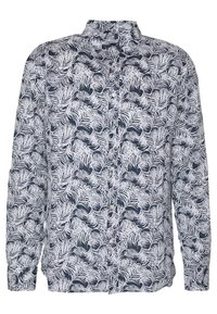 Camicia a maniche lunghe con base blu navy e motivo a foglie bianche, caratterizzata da un colletto classico e polsini con bottoni.