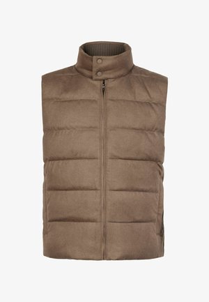 Brązowa, pikowana kamizelka z wysokim kołnierzem, zapinana z przodu na zamek i zatrzaski. Miękka, teksturowana tkanina z poziomymi przeszyciami.