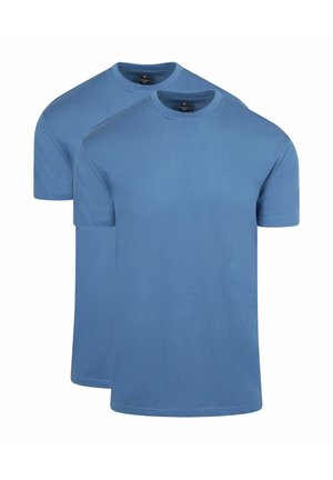 Two plain blue short-sleeve crewneck t-shirts stacked, showing front view, with smooth fabric and stitched hems.