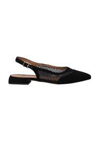 Black slingback shoe with a pointed toe, suede material, mesh accents, and a low, block heel. Features an adjustable buckle strap.