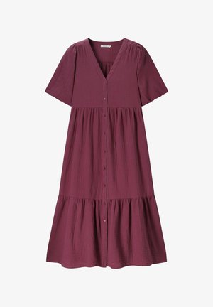 Button-front midi dress in textured plum fabric with V-neckline, short puff sleeves, and tiered skirt.
