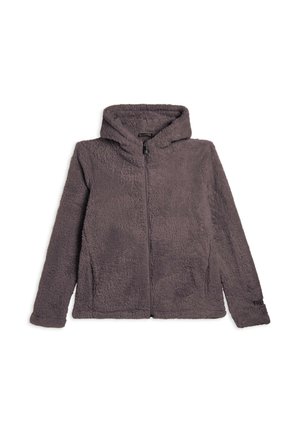 Haut de sweat à capuche zippé gris flou avec capuche, présentant une texture douce et deux poches latérales. Design simple sans motifs ni accents visibles.