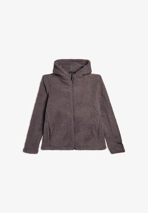 Haut de sweat à capuche zippé gris flou avec capuche, présentant une texture douce et deux poches latérales. Design simple sans motifs ni accents visibles.