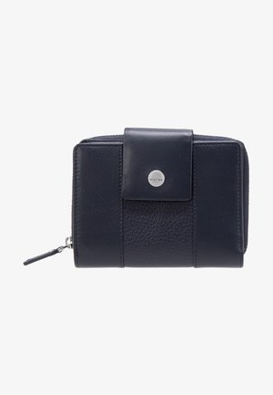 Dunkelblaues Lederportemonnaie mit strukturierten und glatten Abschnitten, einem magnetischen Klappverschluss und einem Reißverschlussfach für Münzen. Silberne Beschläge.