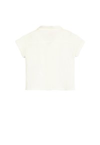 Kortærmet, hvid bluse med et struktureret ribbet mønster, knap-ned krave og en cropped design. Ingen synlige logoer eller accenter.
