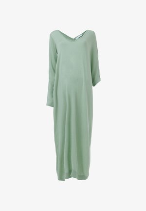Long, loose-fitting dress in soft, mint green fabric. Features a V-neckline and three-quarter sleeves, with a textured finish.