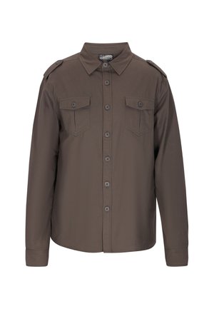 Bruine button-up shirt met een kraag, twee borstzakken, schouderepauletten en lange mouwen. Gemaakt van een glad, geweven stof.