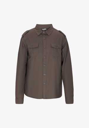 Bruine button-up shirt met een kraag, twee borstzakken, schouderepauletten en lange mouwen. Gemaakt van een glad, geweven stof.