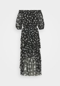 Schwarzes schulterfreies Kleid mit Puffärmeln, geschichteten Rüschen und weißem Blumenmuster. Hergestellt aus leichtem, durchscheinendem Stoff.