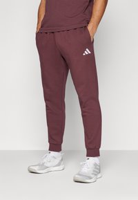Bordo treniņbikses ar aukliņu jostasvietā, sašaurinātām kājām un baltu Adidas logo kreisajā pusē. Valkātas ar pelēkiem sporta apaviem.