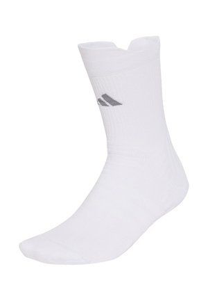 Biała sportowa skarpeta do połowy łydki z szarym logo Adidas po boku, przeznaczona do użytku sportowego i codziennego.