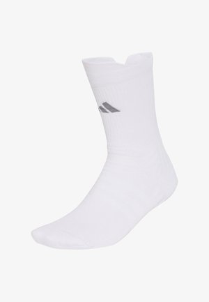 Weißer sportlicher Socken bis zur Mitte der Wade mit einem grauen Adidas-Logo an der Seite, entwickelt für Sport und Freizeit.