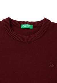 Bordeaux gebreide trui met een geribbelde ronde hals, voorzien van een groen label met de tekst "United Colors of Benetton" en een subtiele reliëflogo.