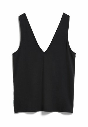 Schwarzes ärmelloses Tanktop mit tiefem V-Ausschnitt und geradem Saum, präsentiert vor weißem Hintergrund.