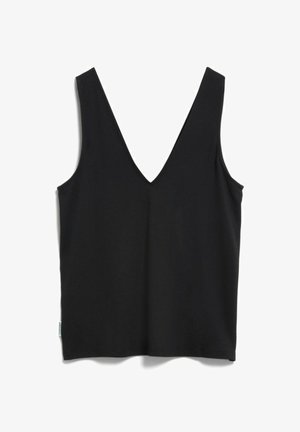 Débardeur noir sans manches avec un col en V profond et un ourlet droit, présenté sur un fond blanc.