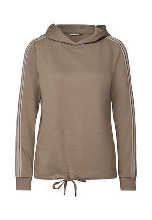 Sudadera con capucha marrón, de mangas largas, con cordón ajustable en el dobladillo y rayas contrastantes a lo largo de los lados. Textura de tela suave.