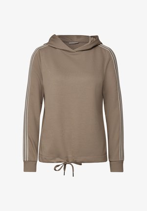 Sudadera con capucha marrón, de mangas largas, con cordón ajustable en el dobladillo y rayas contrastantes a lo largo de los lados. Textura de tela suave.