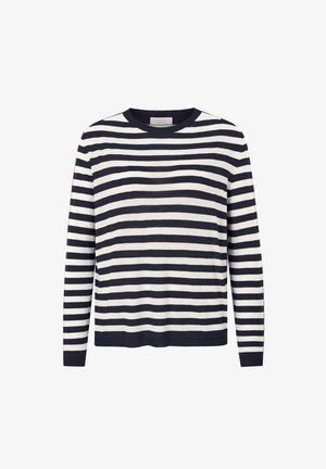 Svītrains džemperis ar tumši zilu un krēmkrāsas horizontālām svītrām, apaļu kakla izgriezumu, garām piedurknēm un ribotām apakšmalām un piedurknēm. Viegls adījums.