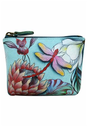 Colorful leather pouch featuring a blue background with floral and dragonfly patterns in red, pink, and green. Includes a zip closure.