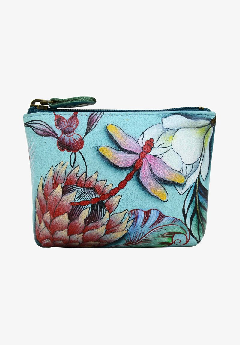Bunte Leder-Pouch mit einem blauen Hintergrund und floralen sowie Libellenmustern in Rot, Rosa und Grün. Mit Reißverschluss.