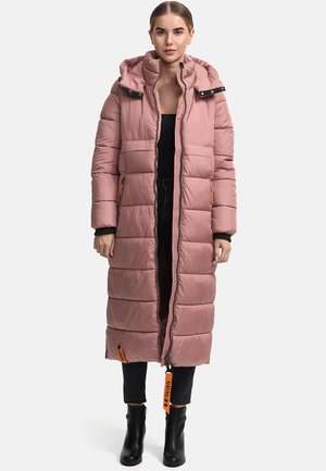 Long, pink puffer coat with hood, quilted design, side pockets, orange accent details, and a full zipper closure. Worn over black clothing.