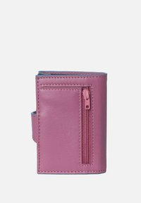 Pink leather wallet with a zipper pocket and stitched detailing. Compact design with a smooth texture and minimalist aesthetic.