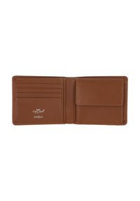 Braune Leder-Bifold-Geldbörse mit fünf Kartenfächern, einem Münzfach mit Klappe und RFID-sicherem Etikett innen.