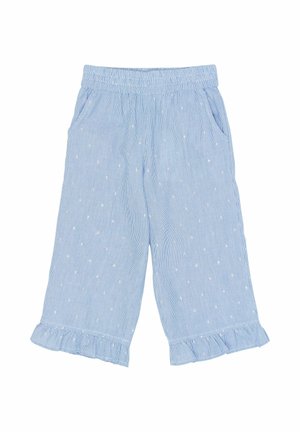 Niebieskie spódnico-spodnie w paski z białymi kropkami, z elastycznym paskiem, bocznymi kieszeniami i falbaną u dołu. Wykonane z lekkiego materiału.