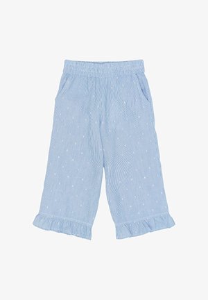 Blåstribede culottes med hvide polkaprikker, elastisk taljebånd, sidelommer og flæsekanter. Fremstillet af letvægtsstof.