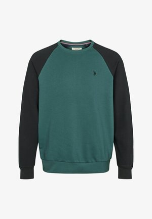 Grøn pullover sweatshirt med sorte raglanærmer, ribbede manchetter og kant, samt et lille broderet logo på brystet. Blød stofstruktur.