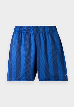 Blaue Sportshorts mit dunklen und hellen vertikalen Streifen und einem elastischen Bund aus atmungsaktivem Netzstoff.