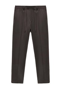 Pantaloni grigio scuro realizzati in tessuto liscio con una vestibilità comoda, dotati di vita elastica e cordoncino, e tasche laterali.