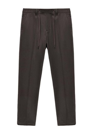 Pantaloni grigio scuro realizzati in tessuto liscio con una vestibilità comoda, dotati di vita elastica e cordoncino, e tasche laterali.