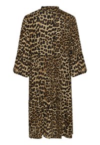 Leopardenmuster-Kleid mit kurzen Ärmeln, einem gestuften Design und einem lockeren Schnitt. Aus weichem, leichtem Stoff in Schwarz und Braun.