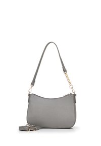 Borsa a tracolla grigia con texture, dalla forma curvata, dotata di una lunga tracolla e accentuata da dettagli in hardware dorato. Include una tracolla removibile.
