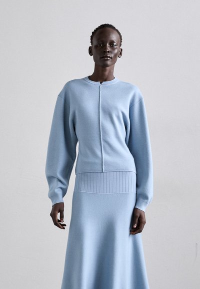 Un pull en tricot bleu clair avec un col rond, des détails de couture et des manches longues, associé à une jupe longue assortie avec une ceinture côtelée.