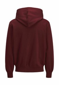 Vue arrière d'un sweat à capuche uni rouge foncé à manches longues avec poignets et ourlet côtelés sur fond blanc.