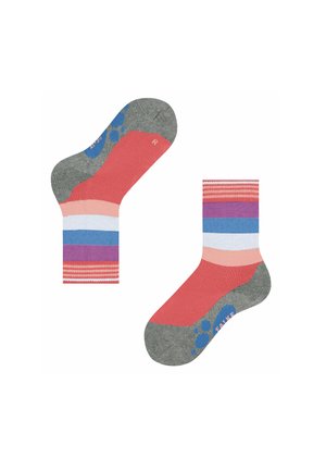 Bunte Socken mit einer Mischung aus Koralle, Lila und blauen Streifen. Graue Ferse und Spitze mit strukturiertem Muster sowie dem Markenlogo in Blau auf der Sohle.