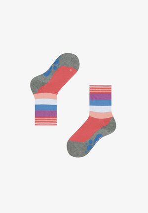 Bunte Socken mit einer Mischung aus Koralle, Lila und blauen Streifen. Graue Ferse und Spitze mit strukturiertem Muster sowie dem Markenlogo in Blau auf der Sohle.