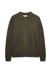 Ciemnozielony sweter dzianinowy z kołnierzykiem, z trzema guzikami, ściągaczami przy rękawach i u dołu, wykonany z miękkiej tkaniny o teksturowanej strukturze.