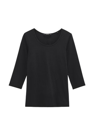 Zwarte langemouwen top gemaakt van zachte stof. Heeft een ronde halslijn en een ontspannen pasvorm. Gladde textuur zonder zichtbare patronen of accenten.