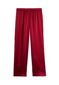 Rode satijnen broek met wijde pijpen, voorzien van een elastische tailleband en een gladde textuur. De broek heeft een volle lengte en vertoont geen zichtbare patronen of accenten.