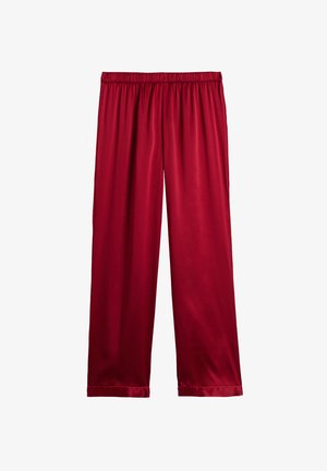 Röda satinvidebyxor med elastisk midja och slät textur, med en hel längd och utan synliga mönster eller accenter.