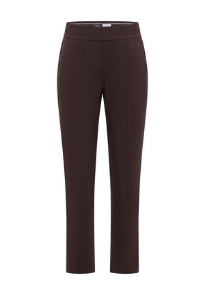Ruskeat suorat housut, joissa elastinen vyötärö, siisti etupuoli eikä näkyviä taskuja, valkoisella taustalla esitettynä.